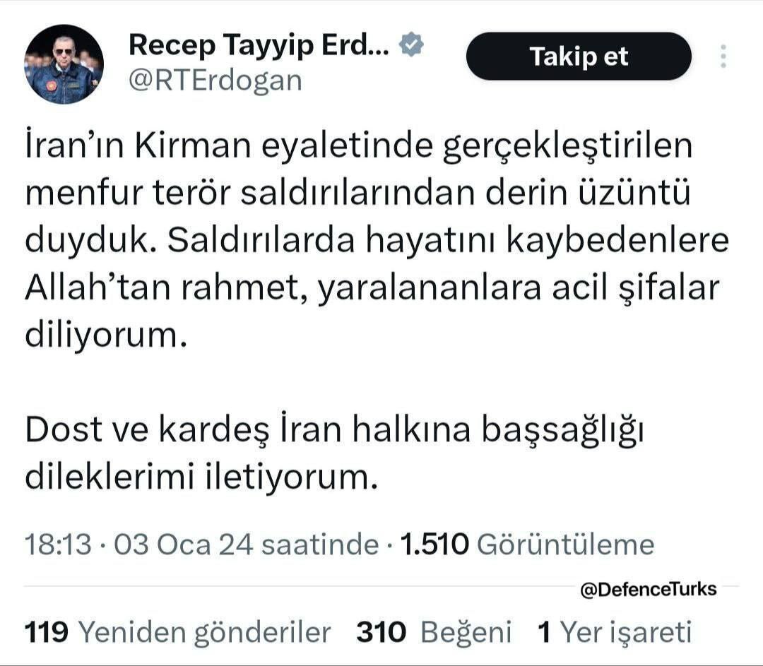 پیام تسلیت رجب طیب اردوغان به ایران