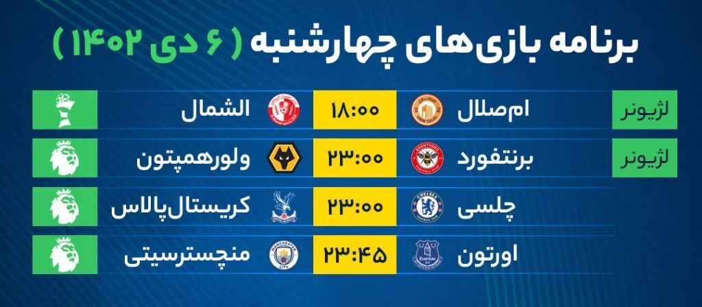 جدول | برنامه بازی‌های فوتبال امروز چهارشنبه ۶ دی ۱۴۰۲