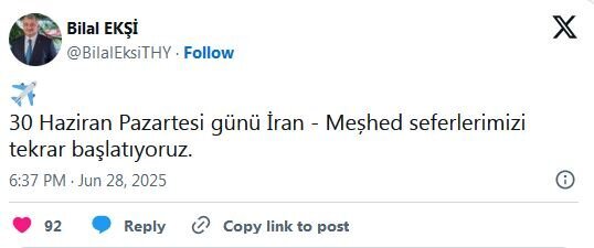 از سر گیری پرواز‌های ترکیش ایرلاینز به ایران پس از ۲ هفته تعلیق