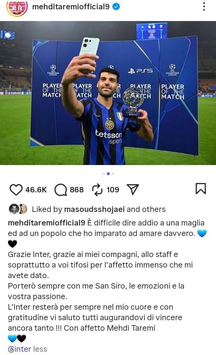 خداحافظی مهدی طارمی با هواداران اینتر + عکس